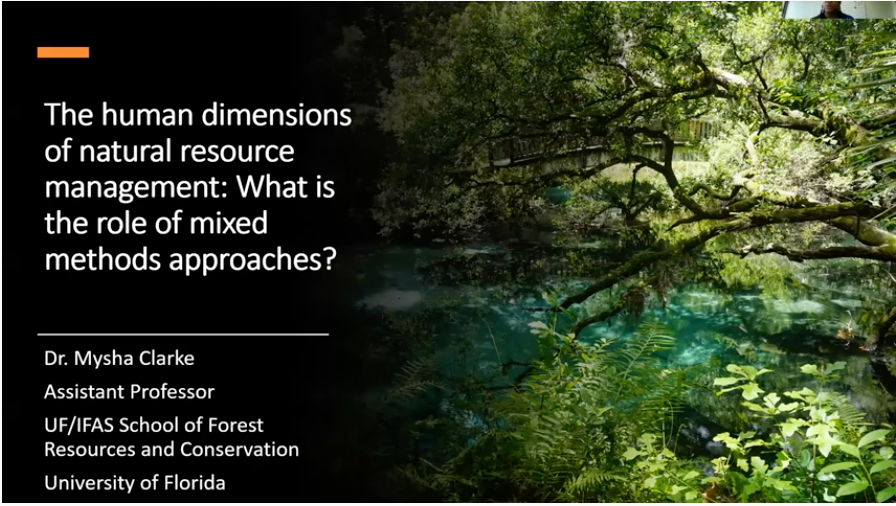 Screen shot of Mysha Clarke's presentation showing the title of her talk and an image of trees
