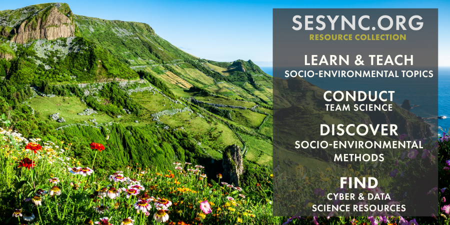 A photo of a landscape with text overlaid describing the categories of SESYNC's resource collection: Learn & Teach socio-environmental topics; Conduct team science; Discover socio-environmental methods; & Find Cyber & Data Science Resources 