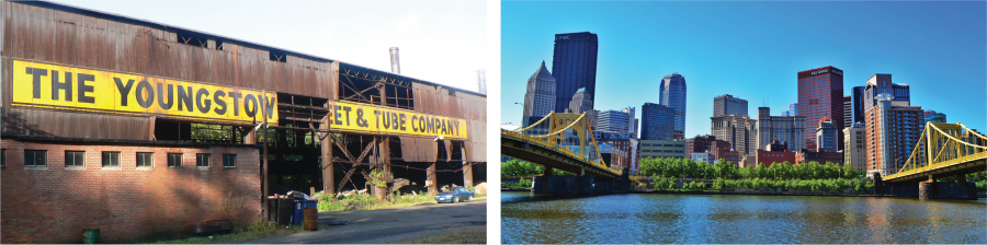 A side-by-side comparison of Pittsburgh, PA and Youngstown, OH. In the Pittsburgh picture on the left, we see a view of Pittsburgh's skyline featuring several buildings downtown and the city's bridges, while in the Youngstown picture on the right, we see an abandoned factory building that looks decrepit. 