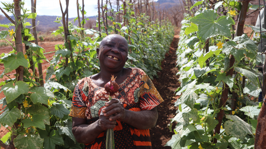 A female farmer in Tanzinia holding an onion and smiling while amongst rows of her crops.