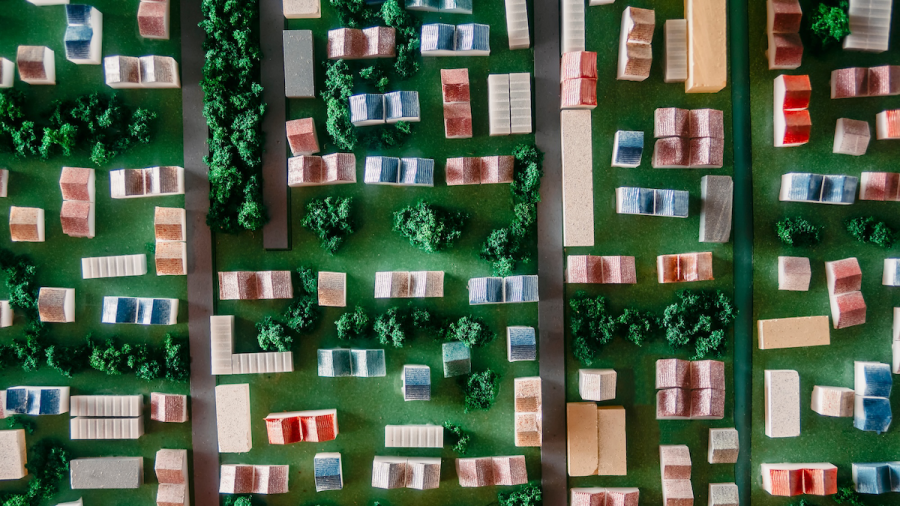 A model showing a city with green space