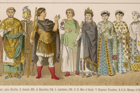 An illustration of Emperor Justinian with members of his court