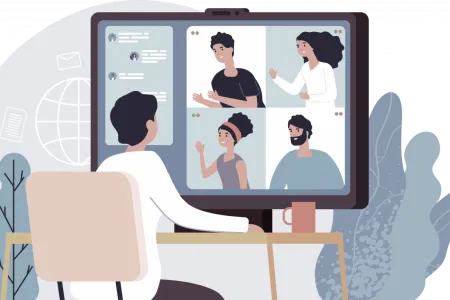 An illustration of a person video conferencing with four people on a computer