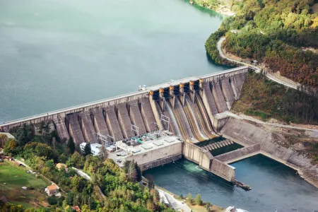 An aerial view of a hydropower dam