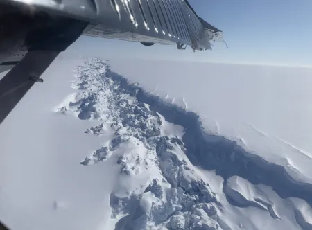 An aerial view of a ice rift from an aircraft