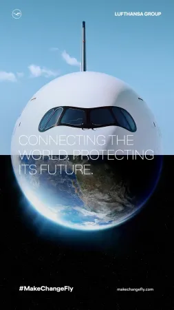 A poster from Lufthansa with the front of a plane in the top half of a circle and a photo of Earth taken from space in the circle's bottom half to make them look as one.