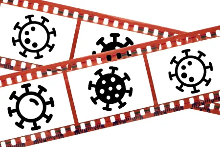 An illustration of film strip with a germ in each frame