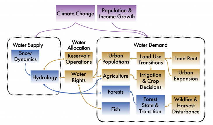 A socio-environmental diagram showing the environmental and social components related to water supply demand