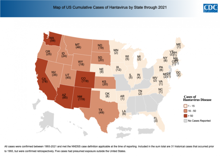 This map from the CDC shows cases of hantavirus in the United States from 1993-2021
