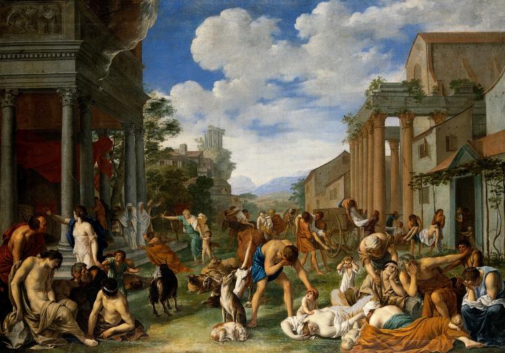 An oil painting called, "The plague of the Philistines at Ashdod" painted by Pieter van Halen in 1661 depicting people stricken in the street by disease