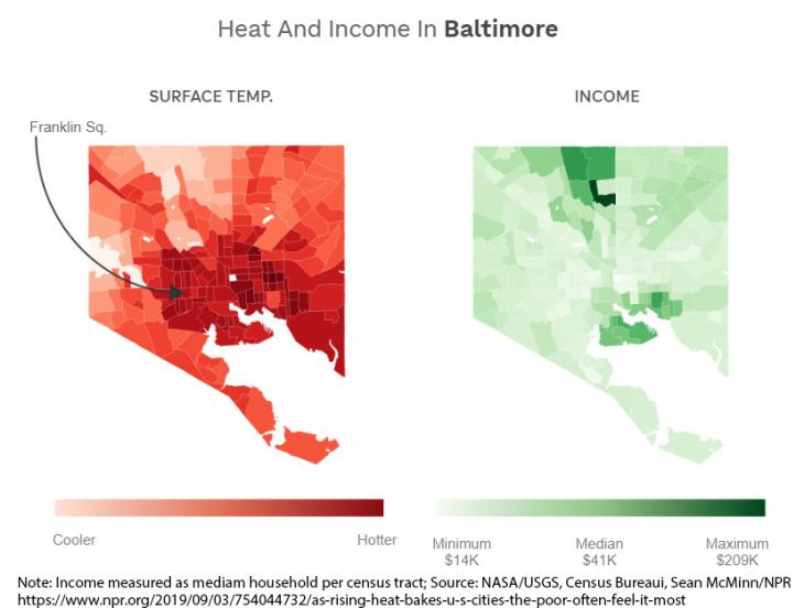 A heat map of Baltimore city compared to a map of income levels