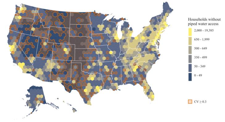 Map showing households without piped water in the U.S.